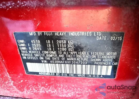 2015 Subaru Legacy 2.5I Premium z USA, uszkodzony, nr VIN 4S3BNAF6XF3047233